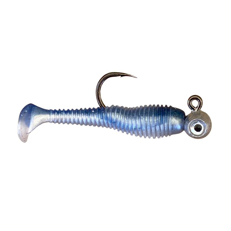 Blue micro paddle tail soft bait rigged