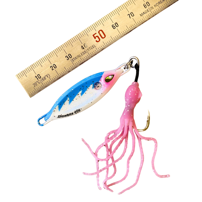 Very small blue lure with squid skirt